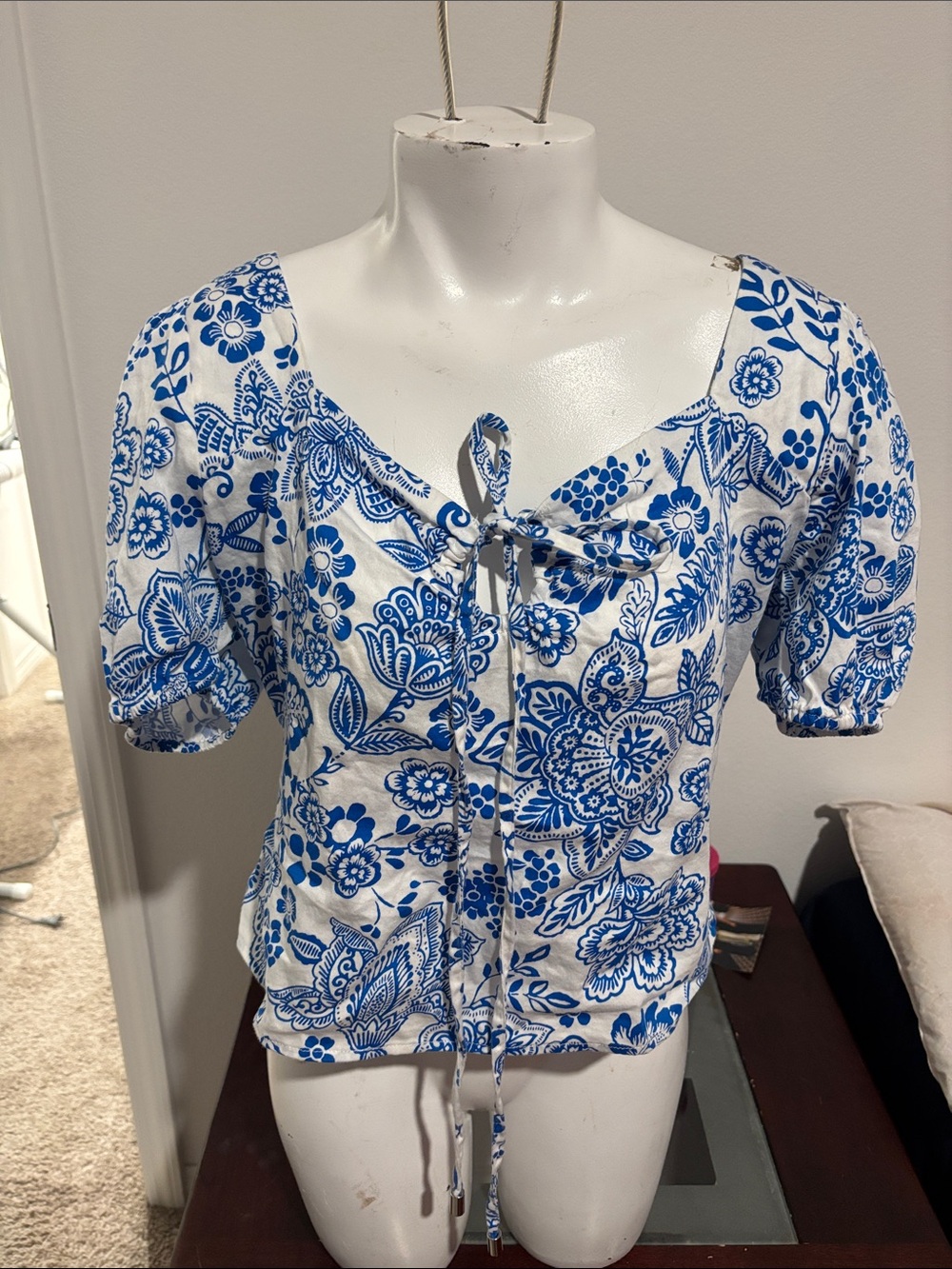 White and Blue Floral Tie-Front Women's Top